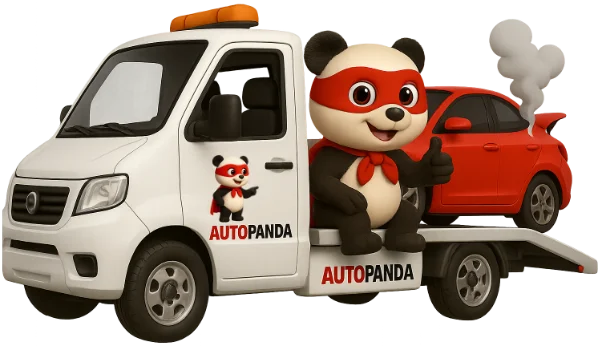 Symbolbild mit Abschleppwagen und Autopanda Figur